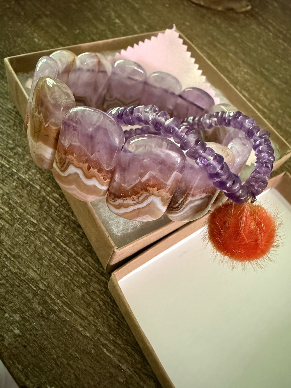 Genuine amethyst stretch Bracelet with Orange Pom Pom and large amethyst bangle